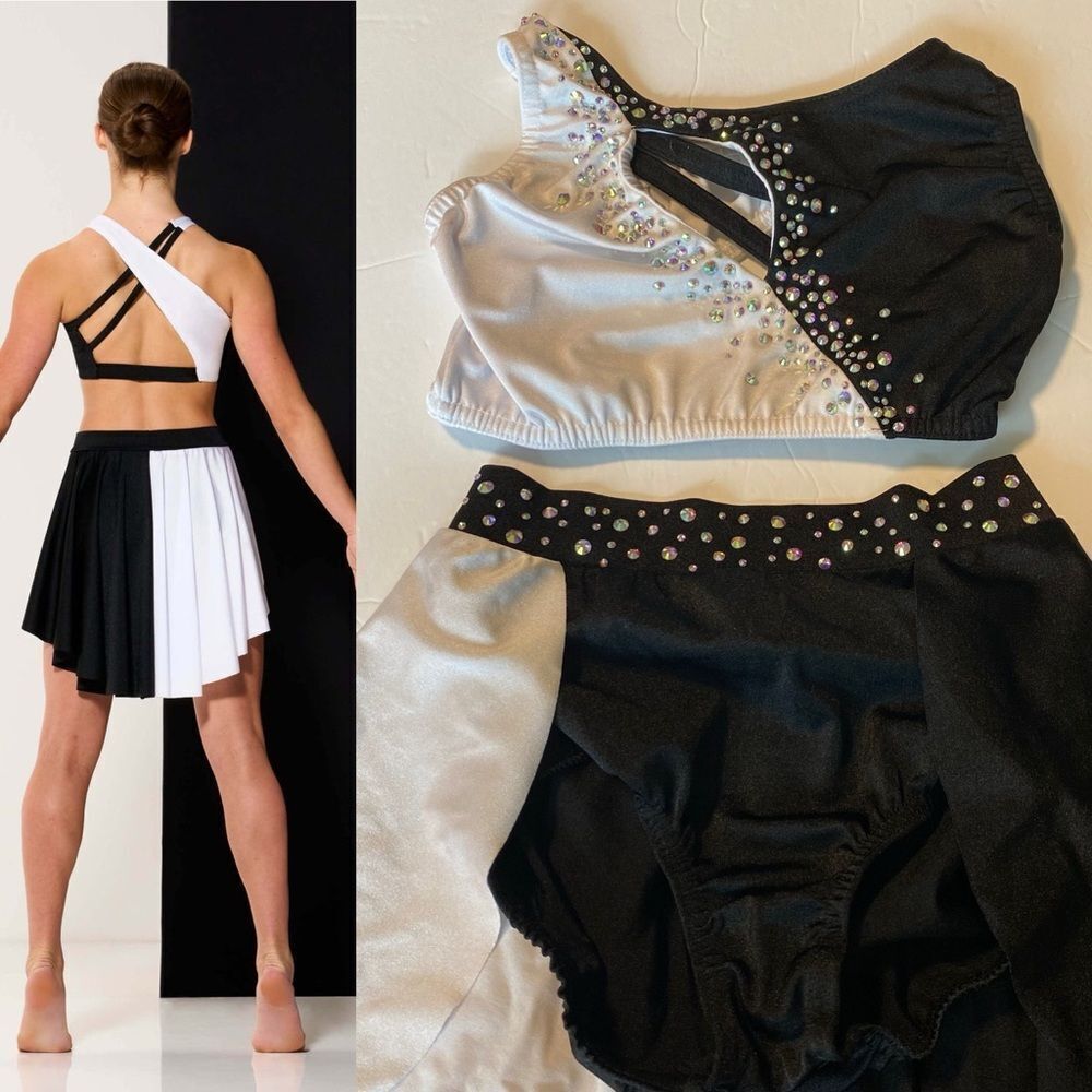 Kelle solo dance costom custume black white 2 piece skirt top rhinestoned LC